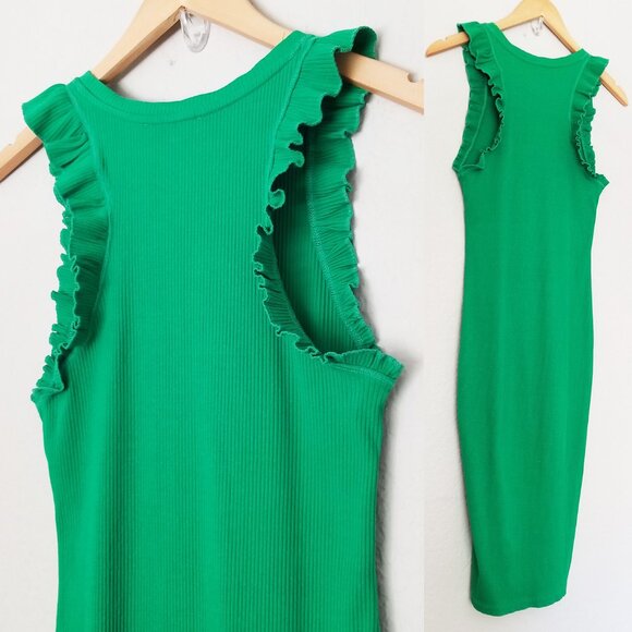 Zara Frill Ruffle Ribbed Knit Midi Dress Bodycon Kelly Green Size S  0962/629 - Picture 8 of 13